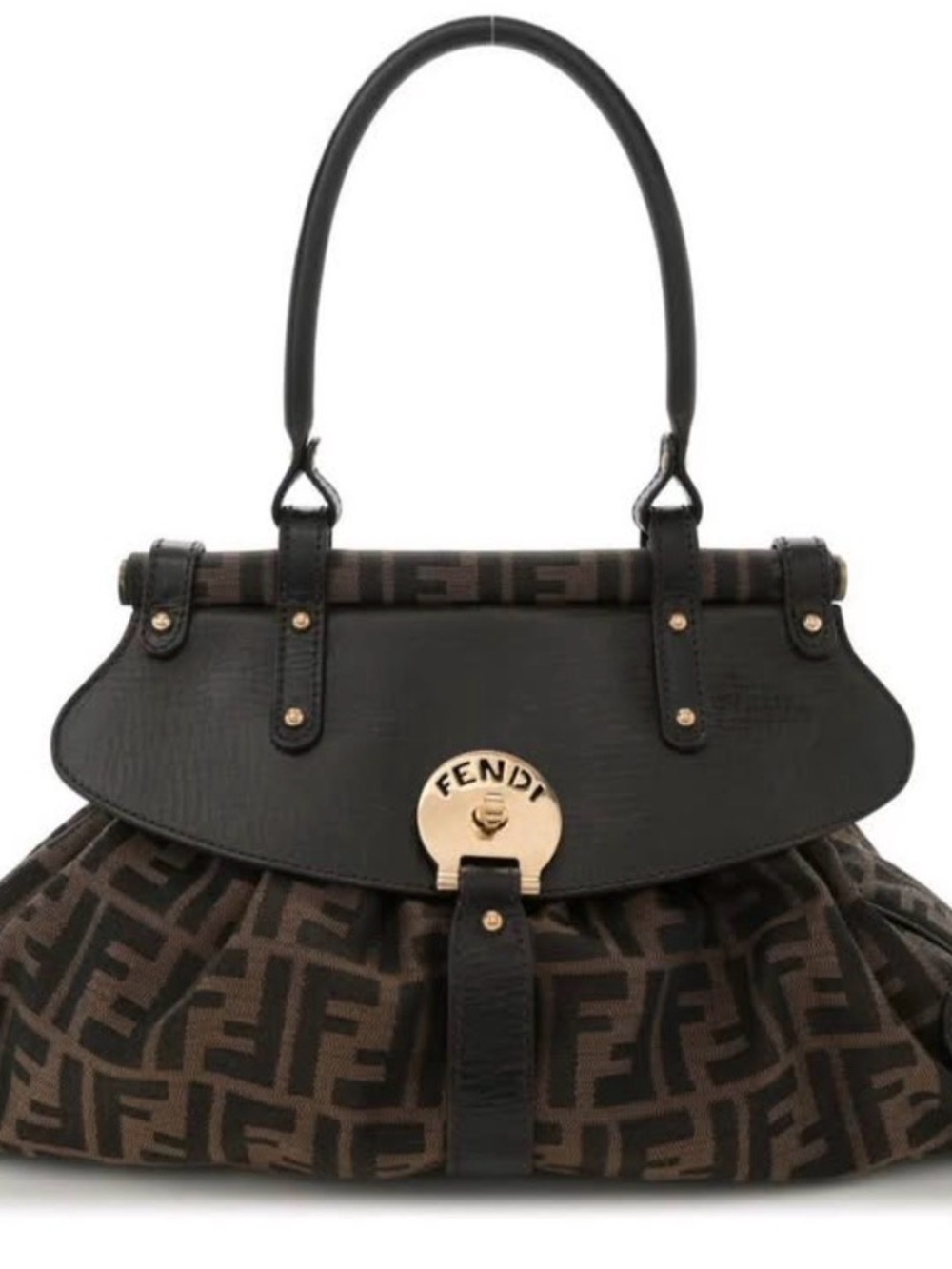 FENDI GHW Hand Bag 8BN144 Calfskin Leather/Canvas Brown with Dust Bag